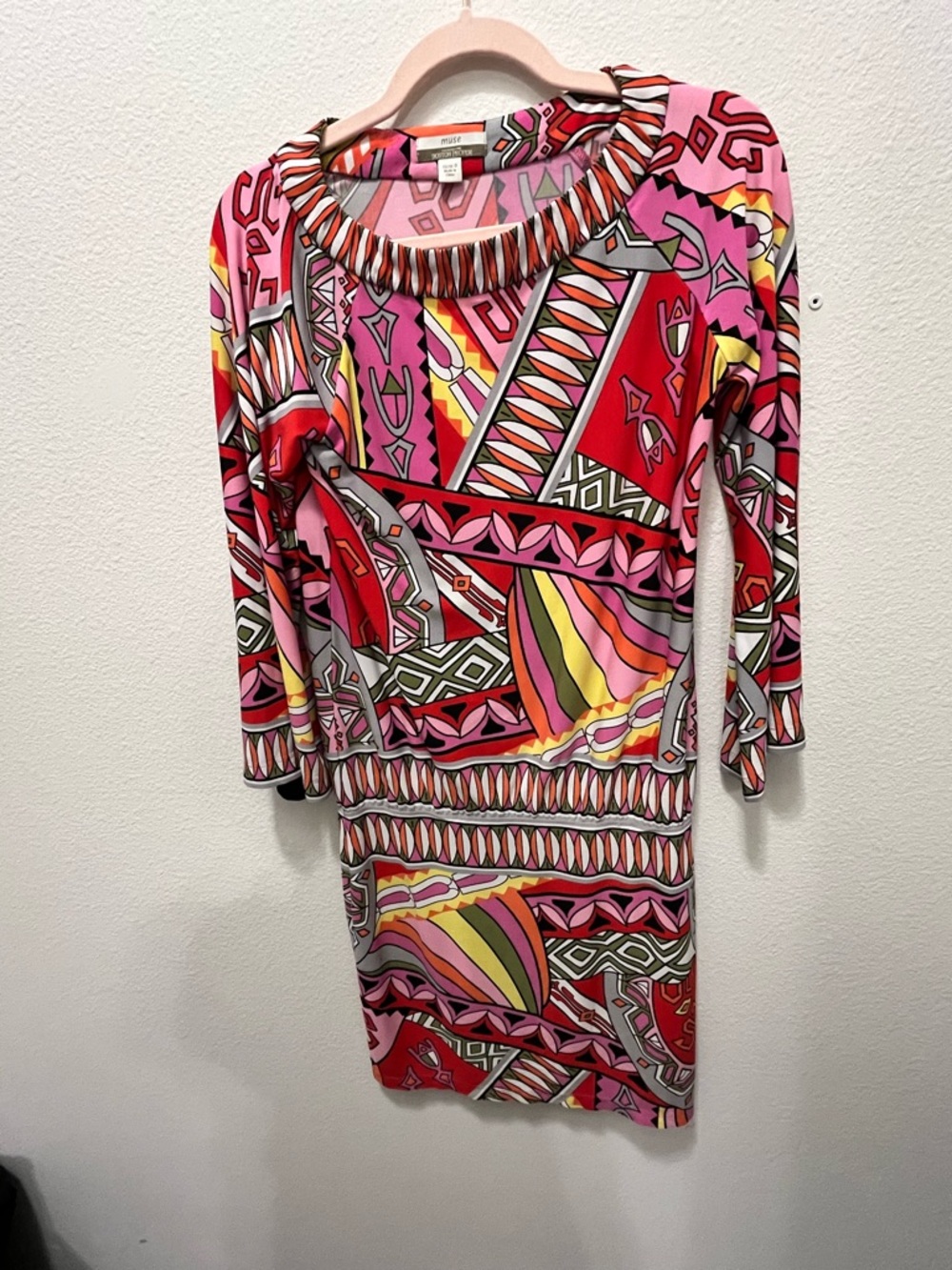 Boston Proper Pink, Red and Yellow Geometric Long Sleeve Dress w/Elastic Waist - Picture 2 of 6